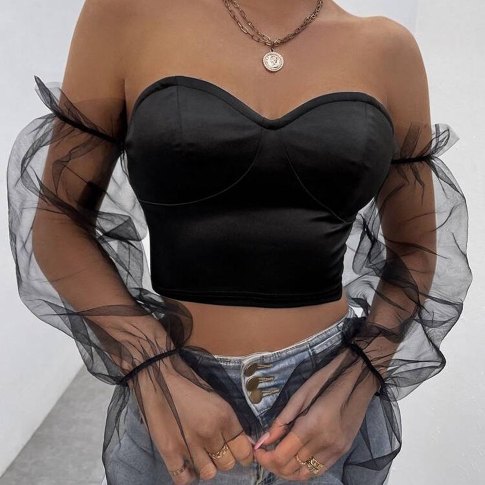 New Mesh Flounce Sleeve Off Shoulder Crop Satin Top Black
